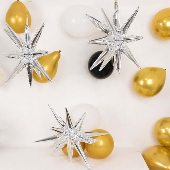 Efavormart 5 Pack Metallic Silver 14-Point Star Explosion Foil Balloons, 22" Fireworks Starburst Shaped Mylar Party Balloons