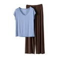 thumbnail image 2 of ‌FDGIU ‌‌‌‌‌Women 2-Piece Pajama Set - Short Sleeve V Neck Top & Wide Leg Pants Loose Solid Color Loungewear Soft Sleepwear, 2 of 6