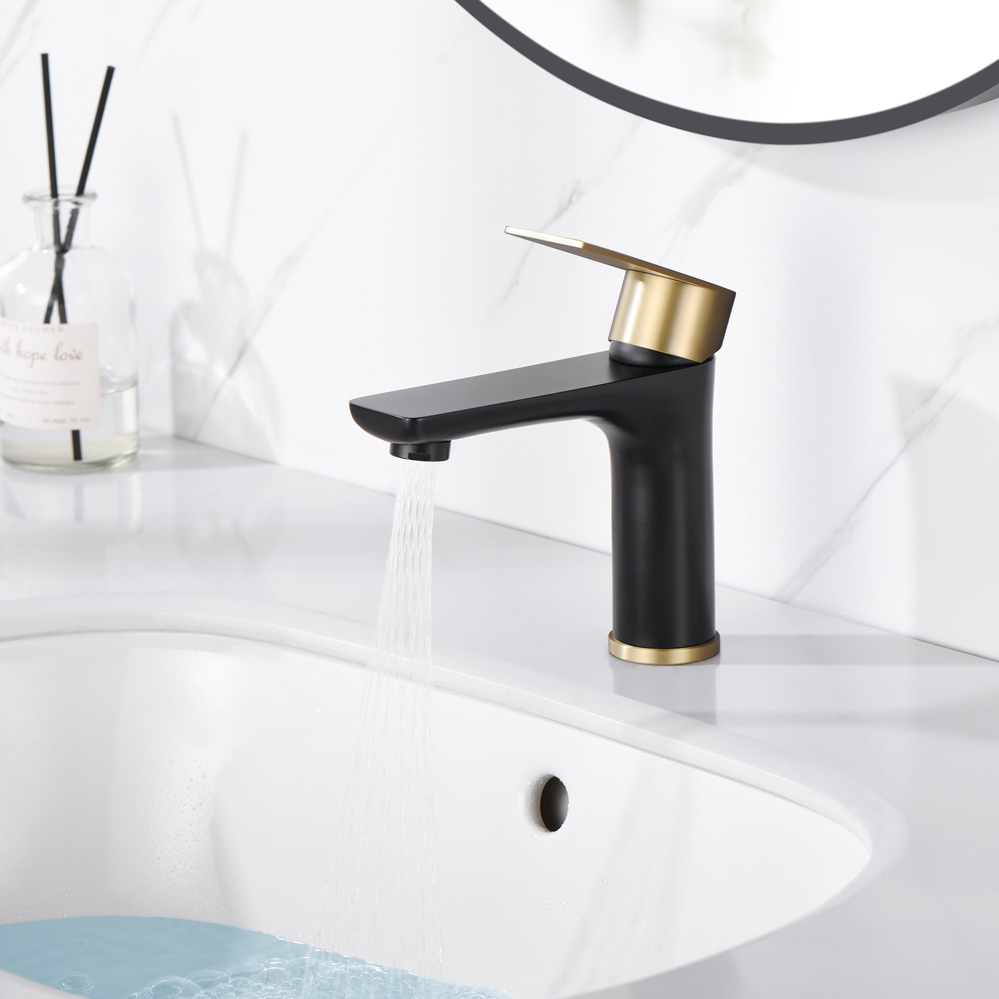 sumerain Bathroom Faucet Stainless Steel Bathroom Sink Faucet Single Hole Bathroom Faucet Single Handle Black and Gold Vanity Faucet with Water Supply Lines