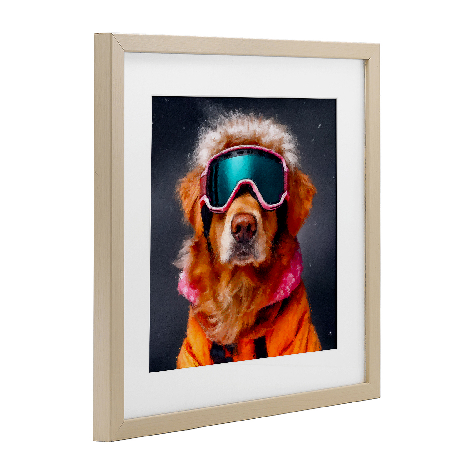 Ski Dog with Goggles Birch Framed Print Under Glass, design by Sean Parnell