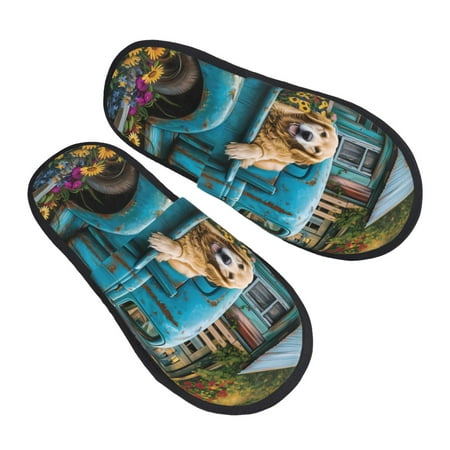 

Kdxio Vintage Pickup Sunflower Dog Pattern Slippers for Women Memory Foam Fuzzy House Slippers Bedroom Non-slip Warm Womens Slippers