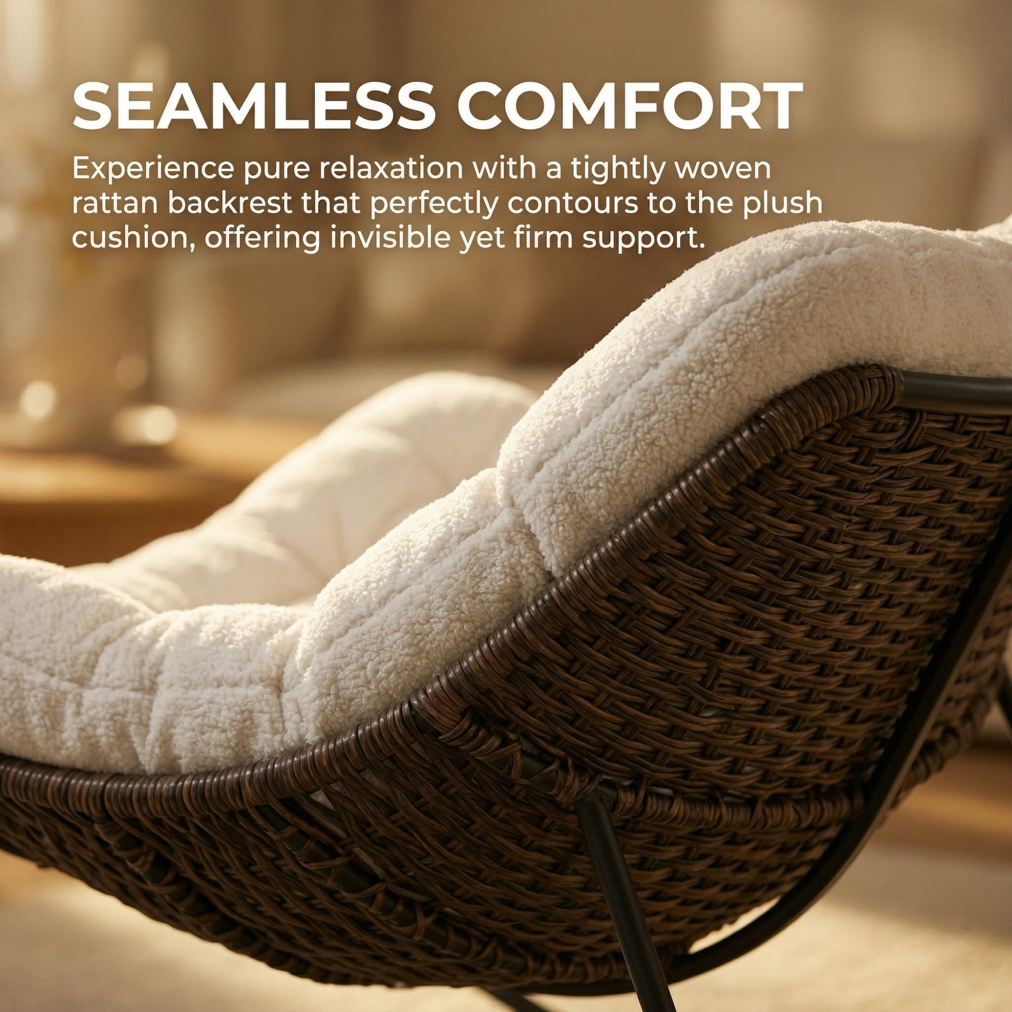 Outdoor Papasan Rocking Chair Oversized, Rattan Egg Rocker Chair with Padded Cushion, 400lbs Patio Wicker Rocking Chair for Living Room Porch Backyard, White