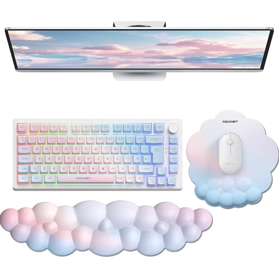 TECKNET BASICS Cloud Ergonomic Mouse Pad with Wrist Rest, Memory Foam Support & Non-Slip Base for Pain Relief, Office & Gaming, Rainbow