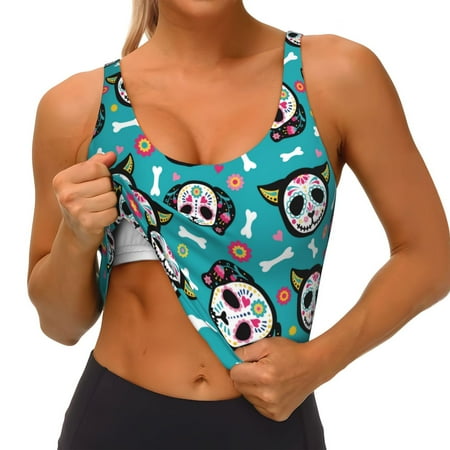 Qokaie Skull Cat Pattern Womens Scoop Neck Sports Bra Breathable Workout Vest Padded U Back Medium Impact Fitness Gym Yoga Bra Workout Crop Top