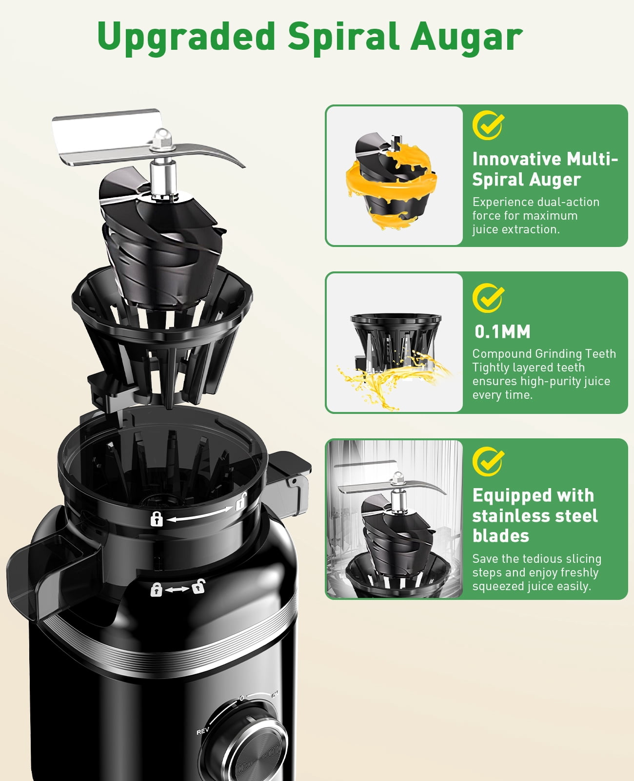GlowWise Cold Press Juicer Machine - 4.35 Extra Wide Feed Chute, Quiet Masticating Juicer for Fruits & Vegetables, Easy to Clean & Assemble, Ideal for Home Kitchens, Healthy Families & Fitness Lovers