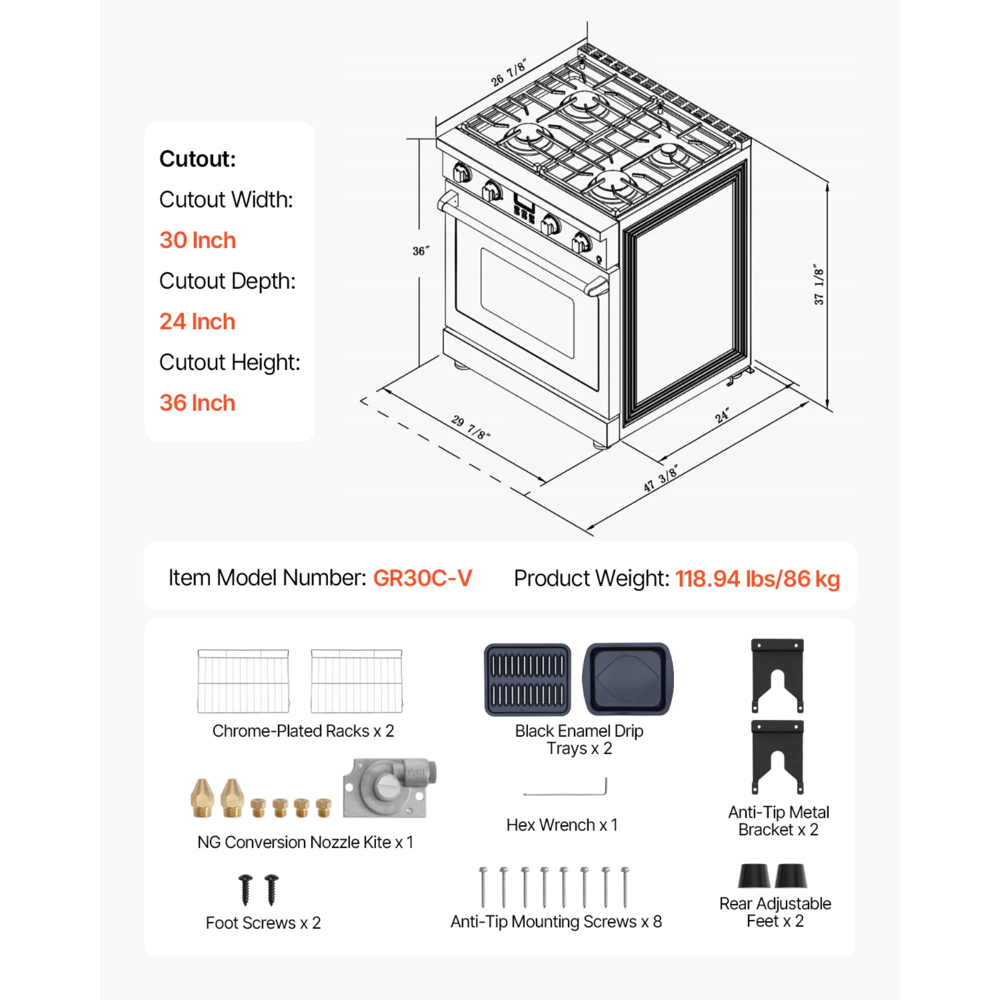 KFFKFF 30-Inch Freestanding Gas Range Oven, Stainless Steel Stove with 4 Sealed Burners, Convenient Racks, Halogen Light, 4.8 Cu. Ft. Capacity, Ideal for RVs, Apartments, and Mobile Homes