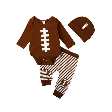 

HOANSELAY Baby Boy 3 Pcs Outfit Football Print Long Sleeve Rompers Striped Pants Beanie Hat Set Fall Spring Clothes