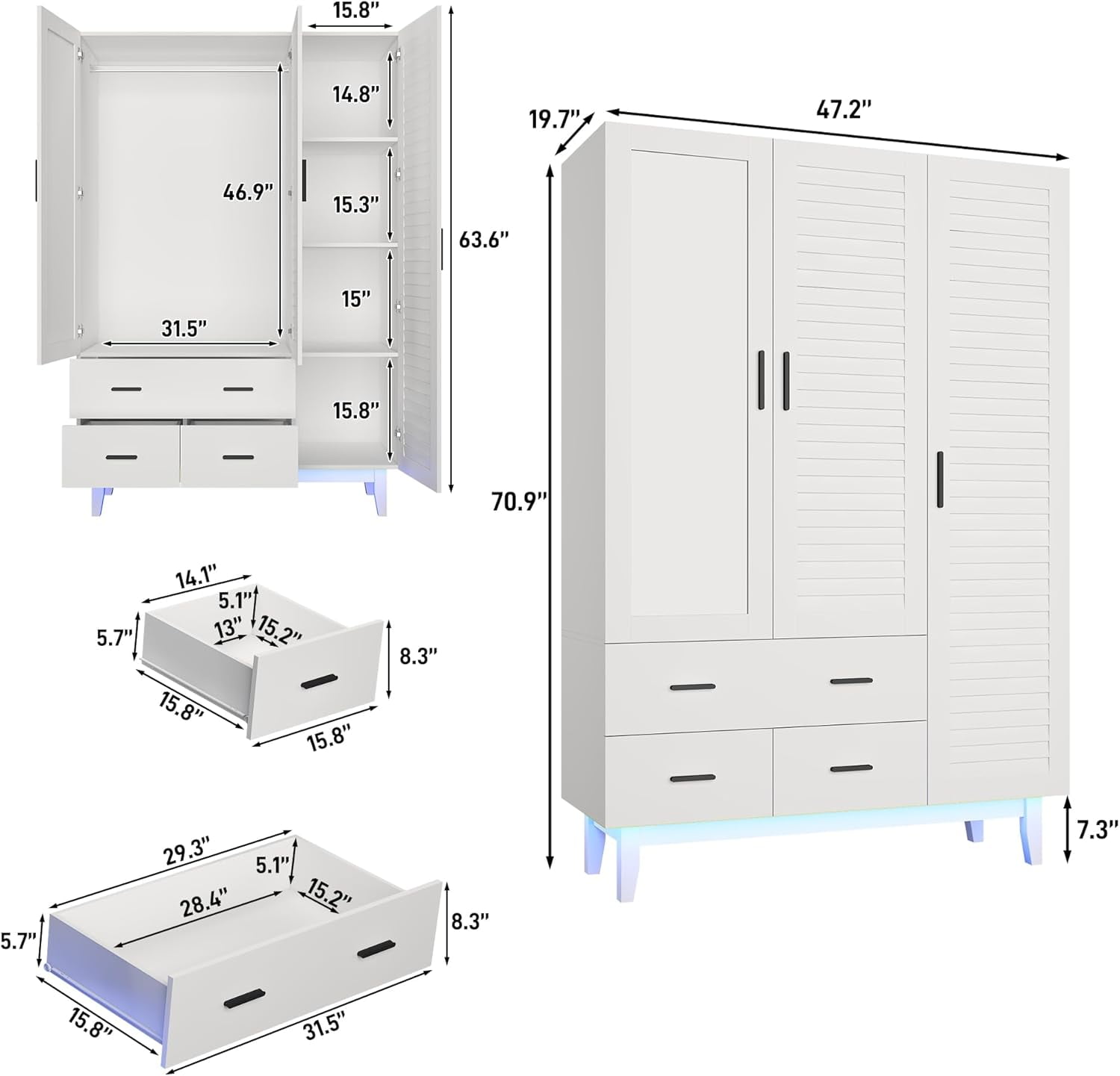 Blotout 70" Armoire Wardrobe Closet with Mirror & LED Lights, LED White Louver Door Wardrobe Armoire with 3 Drawers & Hanging Rods, Large 3 Doors Armoire Storage with Multi-Layer Shelves
