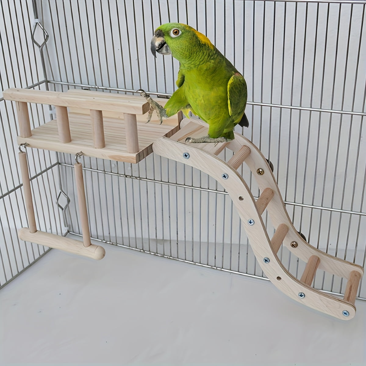 4-in-1 Parrot Climbing Toy Playset with Fence, Platform, Ladder, and Swing – Bird Cage Activity Center for Parakeets, Cockatiels, and Conures; Durable Cage Accessory for Exercise and Entertainment
