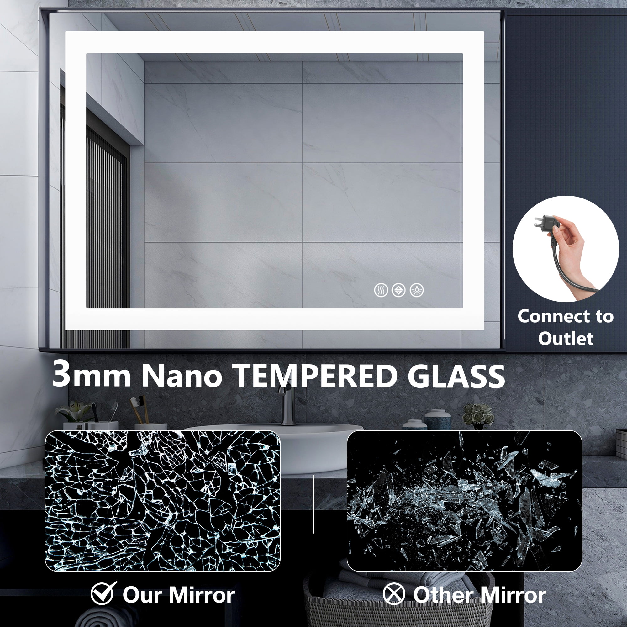 MAYEERTY 24"x36" Anti-fog LED Bathroom Mirror, Wall Mounted Vanity Mirror