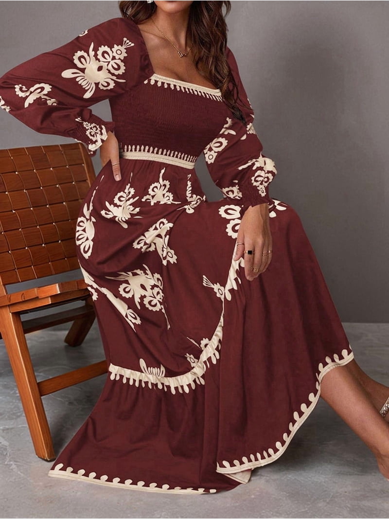 Women's Fall Wedding Guest Dresses Boho Floral Long Sleeve V Neck Flowy Elegant Maxi Dress Beach Clothes Wine Red XL