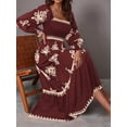 thumbnail image 4 of Women's Fall Wedding Guest Dresses Boho Floral Long Sleeve V Neck Flowy Elegant Maxi Dress Beach Clothes Wine Red XXL, 4 of 9