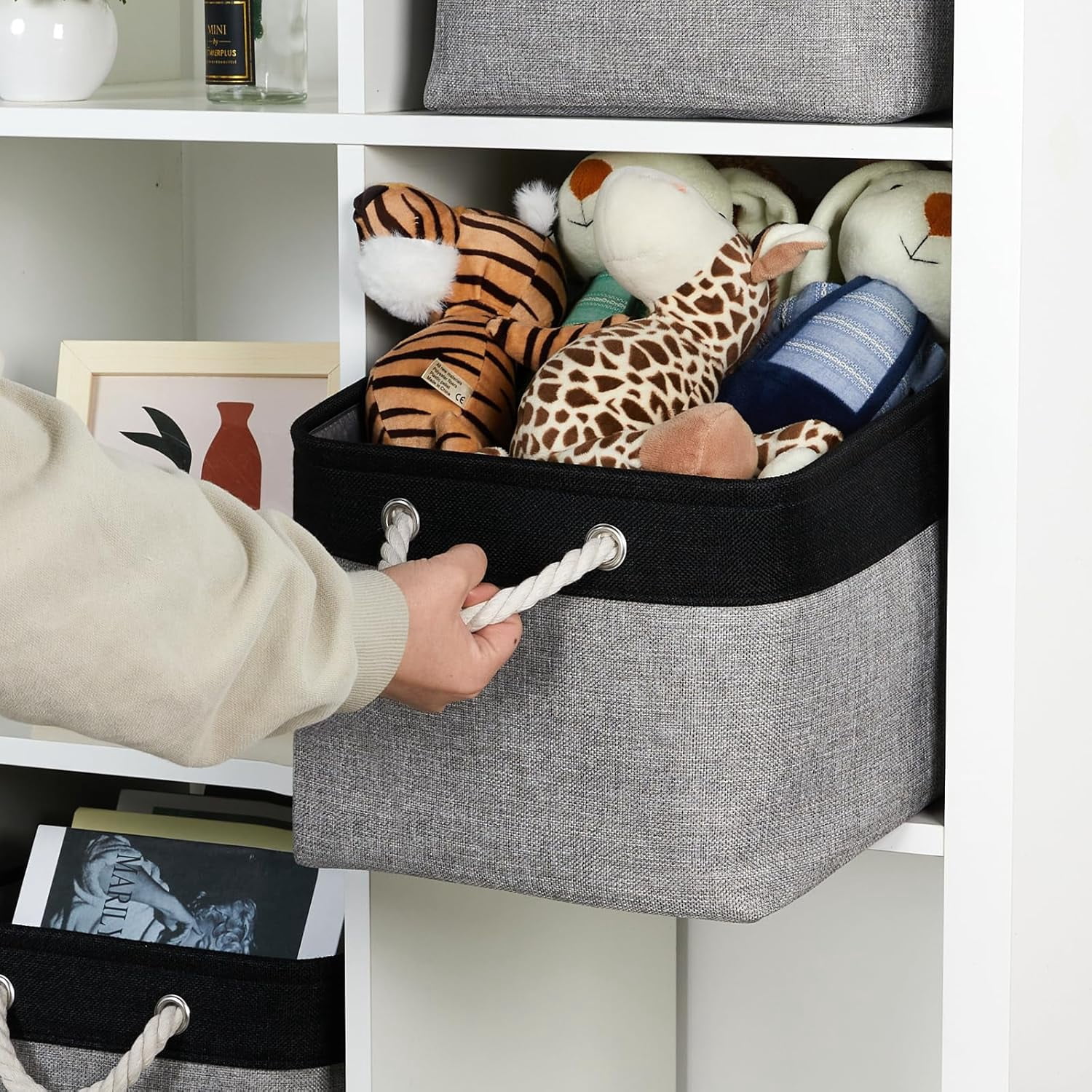 Fabric Storage Baskets 4Pack Storage Bins Decorative Basket for Gift, Clothes Bin with Rope Handle, Rectangle Baskets for Storage, Blankets(Black&Gray,15x11x9.5 inch)