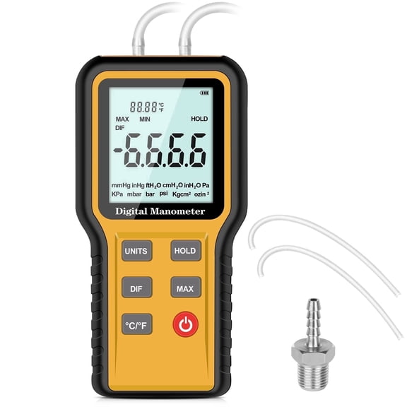 Digital Manometer, HVAC Dual-Port Differential Pressure Gauge, 12 Units Air Pressure Meter, LCD Display, ABS Housing, Airflow & Filter Pressure Testing Tool for HVAC System