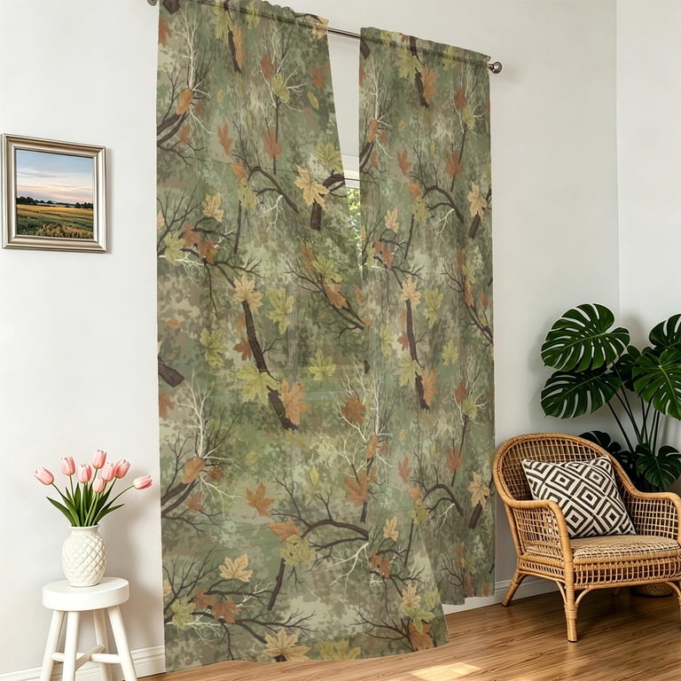 Camo and Maple Green Pattern Sheer Curtains, Sheer Window Panels with ...