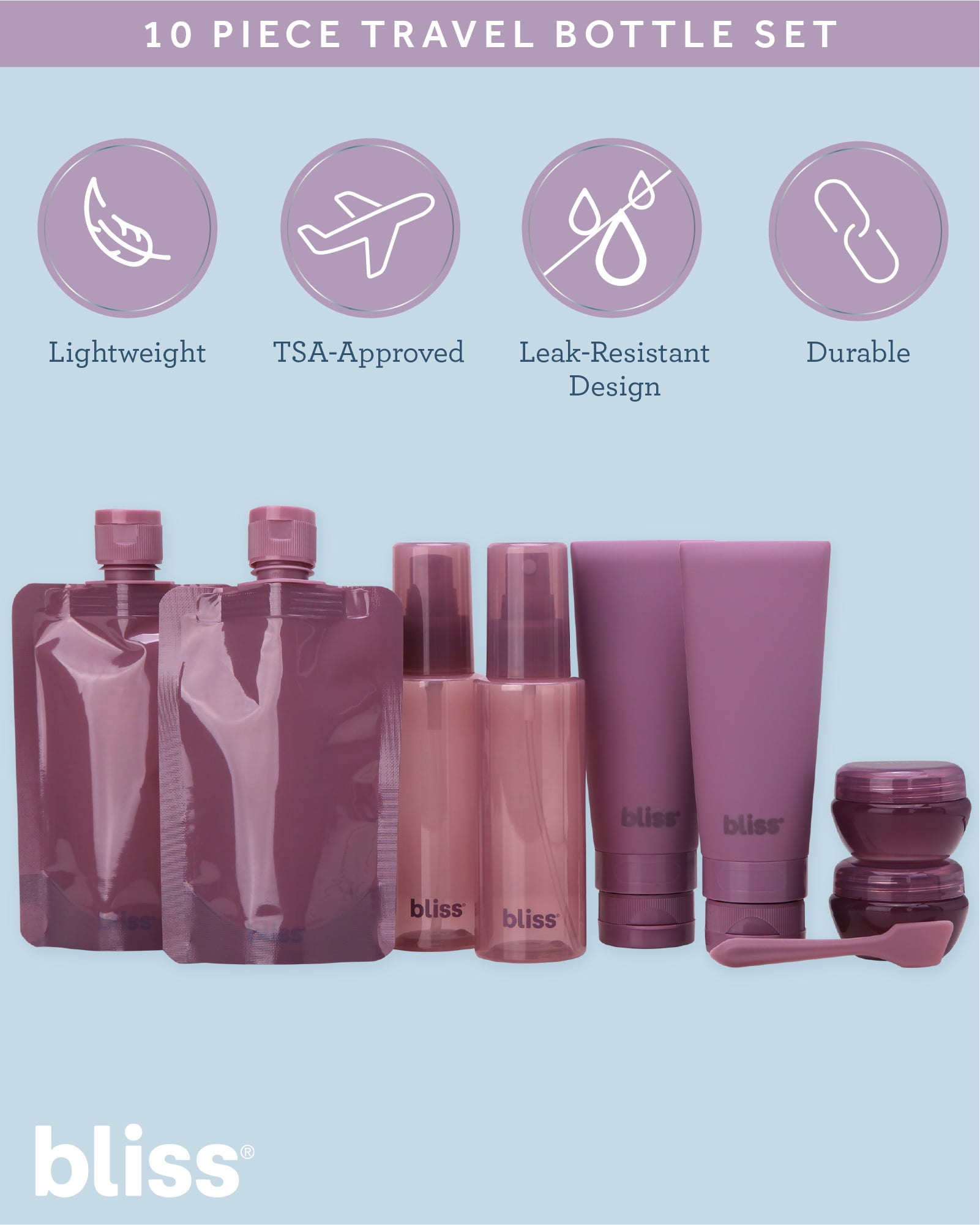Bliss Travel Bottles TSA-Approved 10 Piece Set, Leak-Resistant