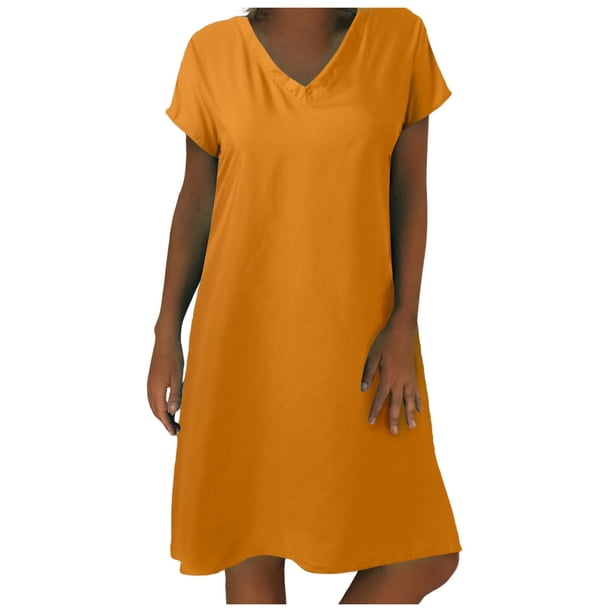 Vestido midi de lino con cuello en V y manga corta para mujer - Ropa informal de playa - Poliéster y spandex - Tallas S-XXL