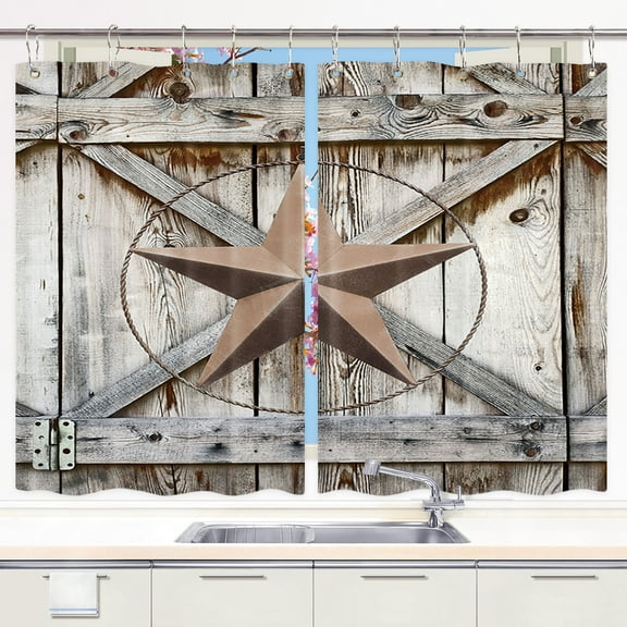 Rustic Barn Door Kitchen Curtains, Western Texas Star Kitchen Curtains, Wooden Door Country Window Valances Curtain Western Texas Star Kitchen Curtains Window Drape Treatment 2 Panels 21 x 45 Inch
