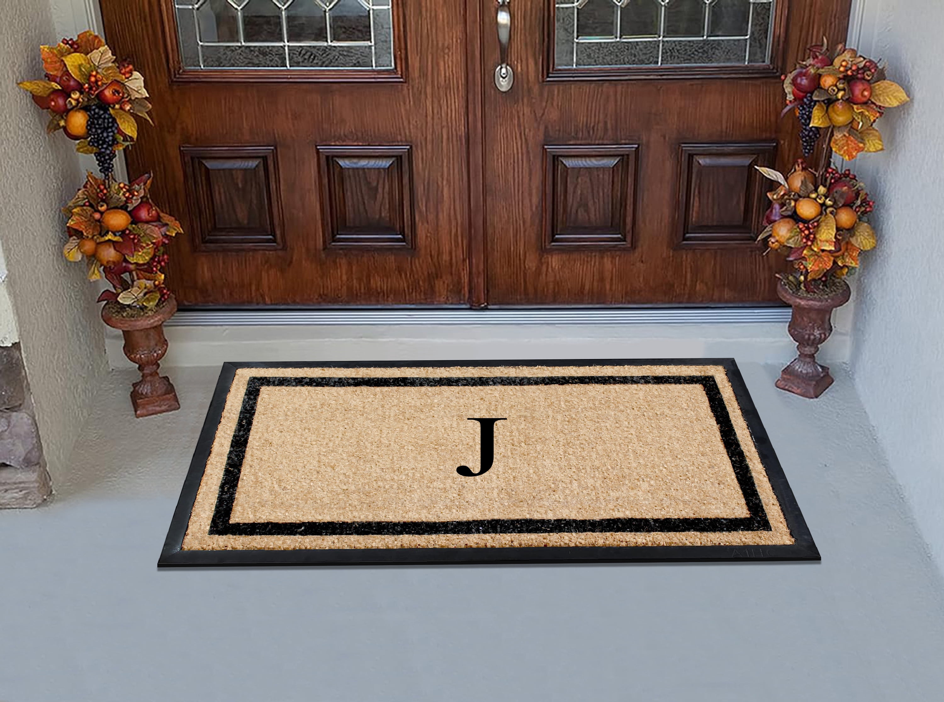 A1HC Rubber and Coir Door Mat Heavy Weight Large Entry Mat Outdoor Durable Monogrammed J Doormat 24"X48", Beige