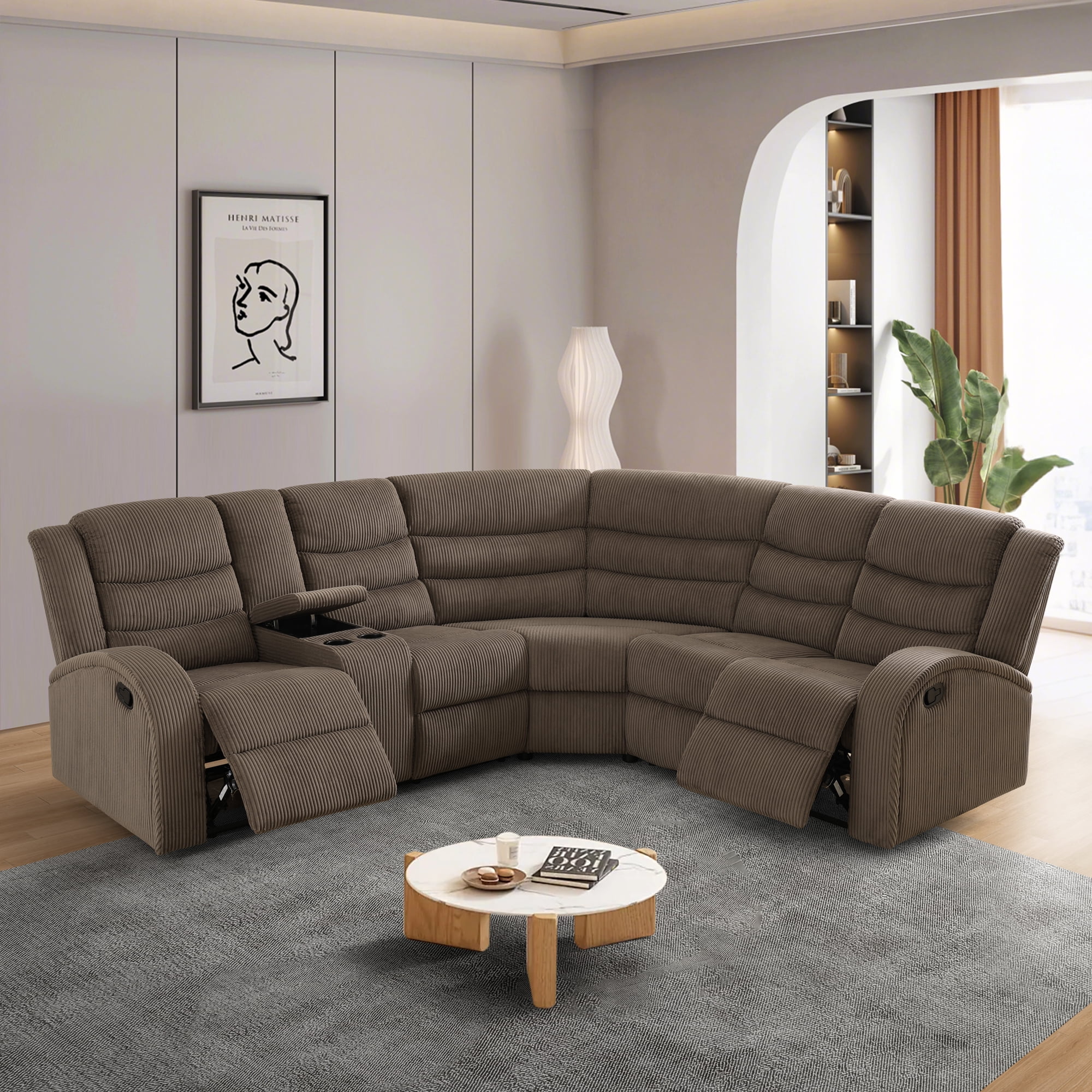 Gewnee Brown Striped Fabric Manual Recliner Sectional Sofa, Angle Adjustable with Cup Holder, Oversize Couch for Living Room Home Office Theater