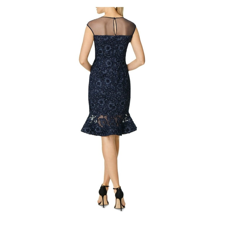 AIDAN MATTOX Womens Navy Metallic Lace Floral Sleeveless Boat Neck