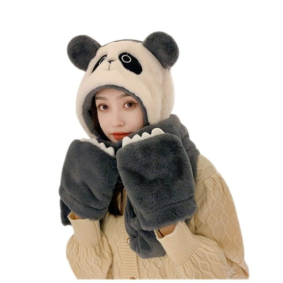 QQAMB Women Kawaii Bear Ear Thick Knitted Scarf Gloves Beanie Hat 3 in 1 - Balaclava Faux Fur Cute Fleece Sherpa Hat for Cycling