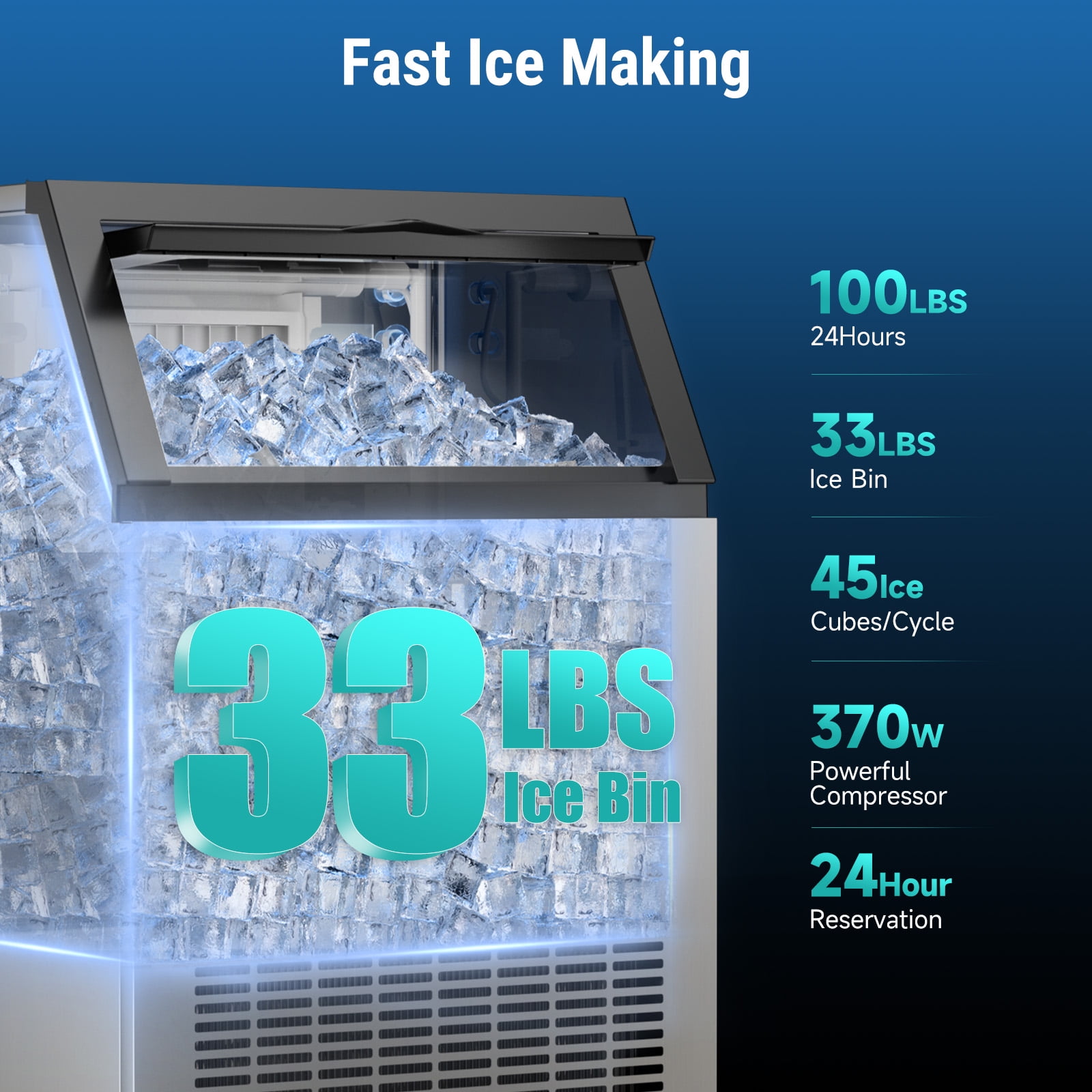 Commercial Ice Maker Machine 100Lbs/24H with 33 Lbs Storage Bin, Freestanding/Countertop Ice Maker Machine - 33 Lbs Storage Bin