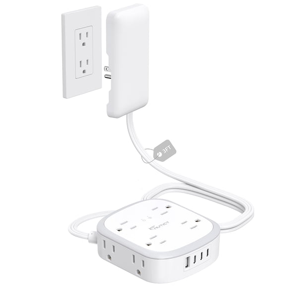 Cable de extensión plano NUTICT de 3 pies con 8 enchufes y 3 USB-C y 1 USB-A