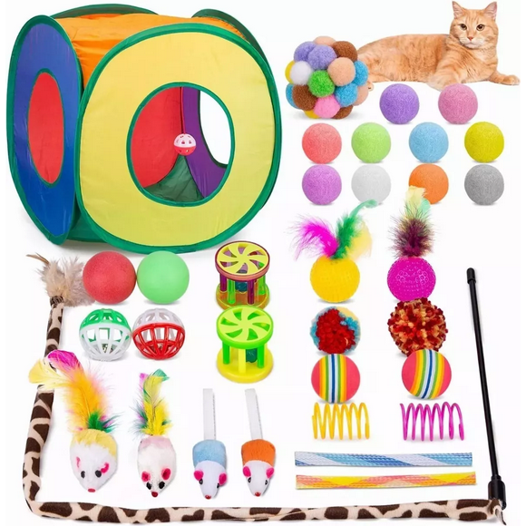 Juguetes Para Gato 33 Pz Pluma Varita Bola Túnel Casa Ratones, Multicolor