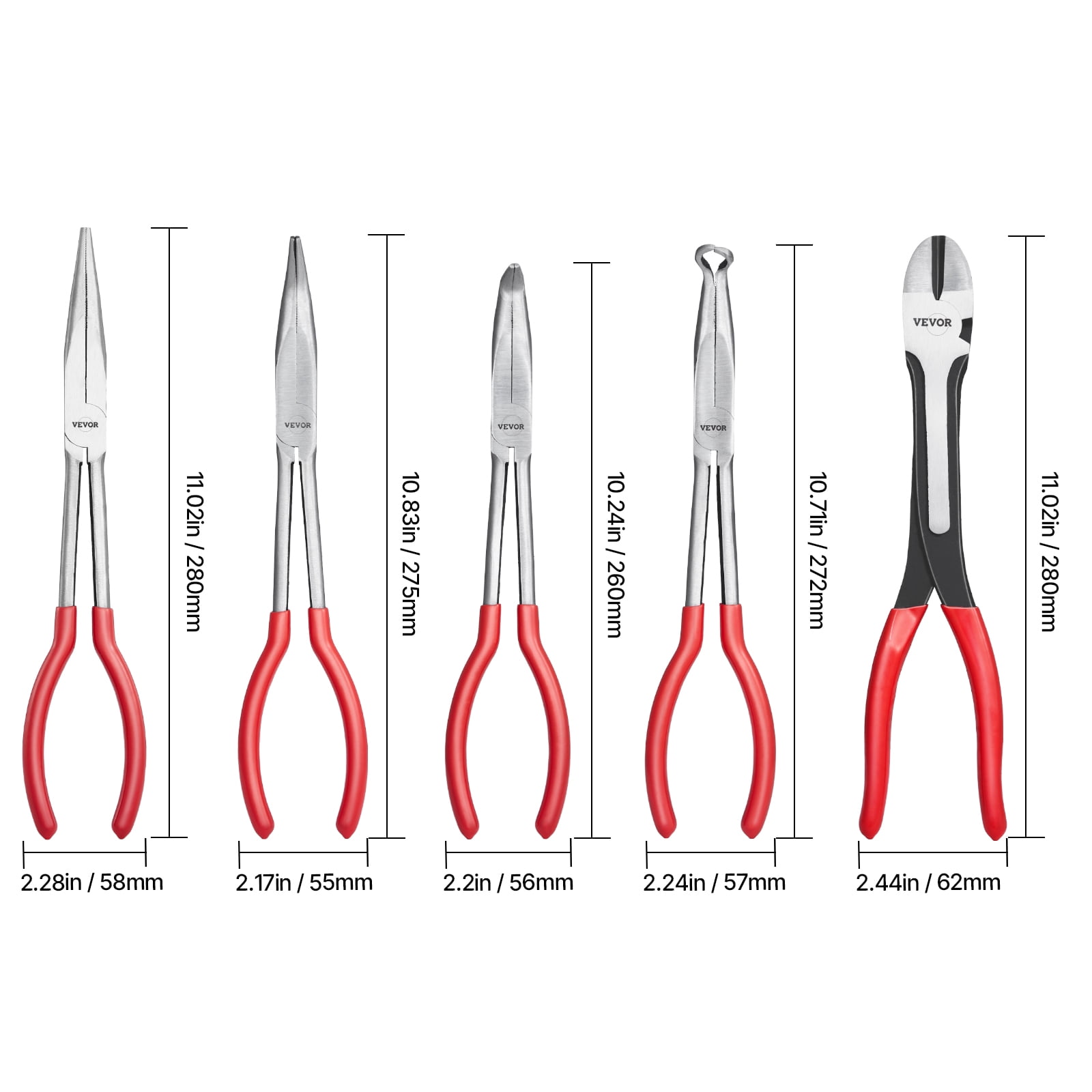 VEVOR 5-Piece Needle Nose Pliers, 11 in Long Needle Nose Pliers Set, Diagonal Cutting Pliers, 45°/ 90° Bent Nose Plier, Round Nose Plier, Long Nose Plier, Professional Pliers Set with Storage Bag