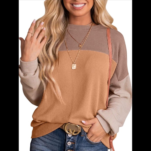 Moda para Mujer 2025, Camisetas Holgadas Informales de Punto con Cuello Redondo y Larga con Bloques de Color Caqui XXL