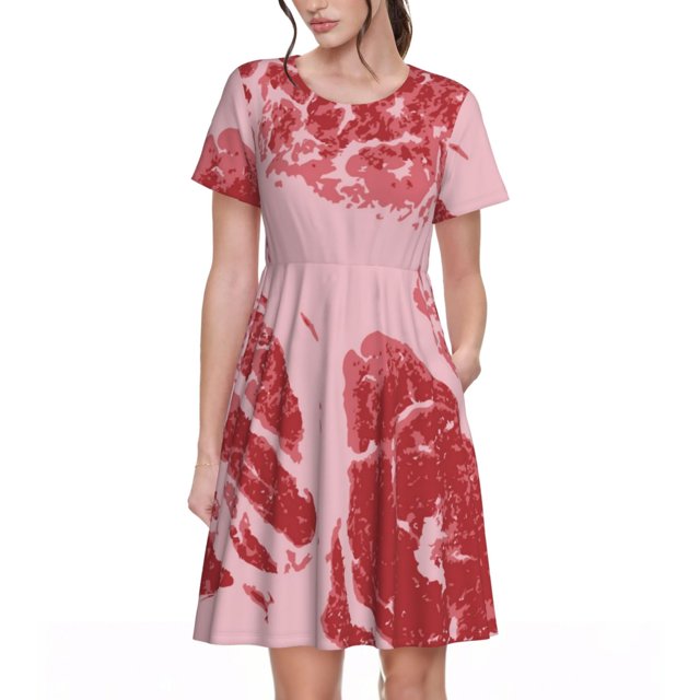 Easygdp Striped Meat para Vestido Transpirable de Mujer, Vestido Suelto de Manga Corta con Pliegues y Bolsillos para el Verano