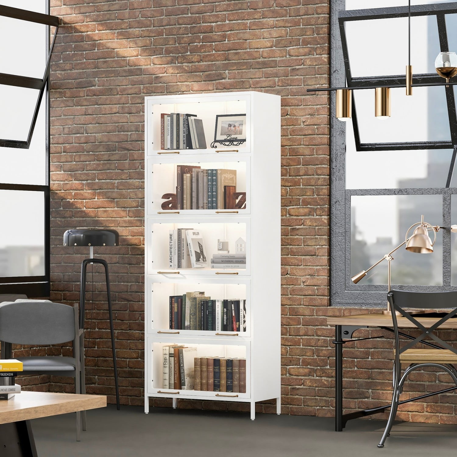76.75" Tall Glass Display Cabinet with LED Lights, 5 Tier Iron Barrister Bookcase with Glass Doors, Modern Curio Cabinet for Collectibles Books Trophies Living Room Office Study, White