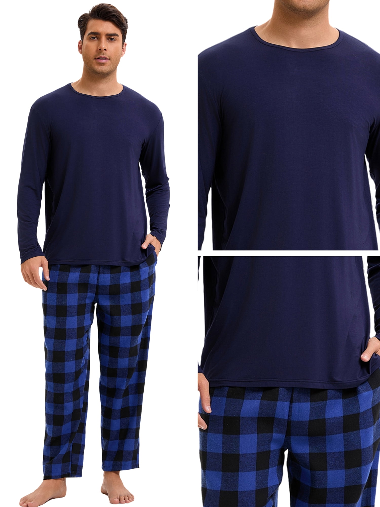 DARING DIVA Men's 2-Piece Long Sleeve Solid Nightwear Plaid Pants Set 2XL Dark Blue