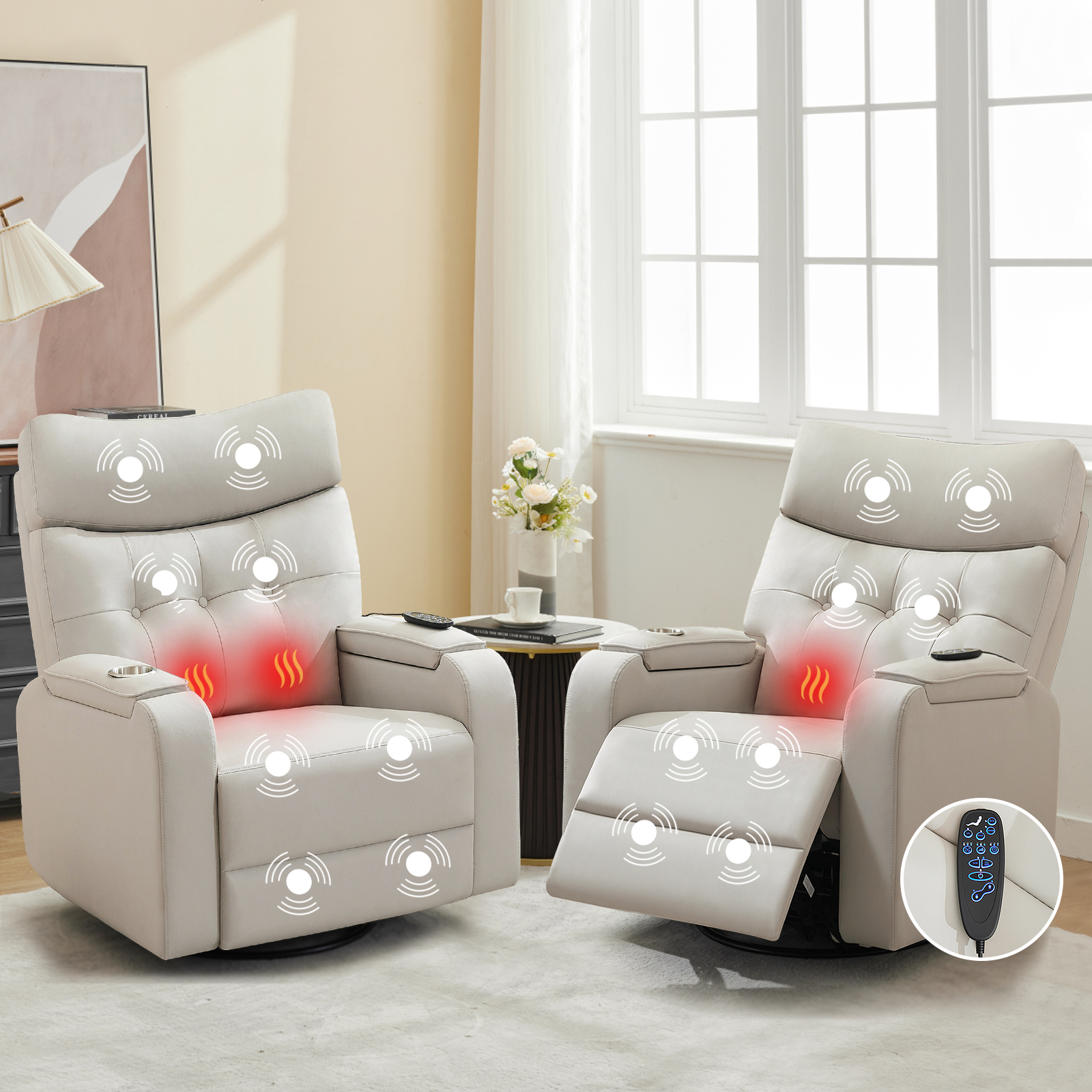 Aemeios Swivel Power Recliner Chair with Massage and Heat, Single Timing Massage Rocking Chair with USB Port and Cup Holders, Rocker Sofa with Storage Space for Living Room Home Theater, Light Gray