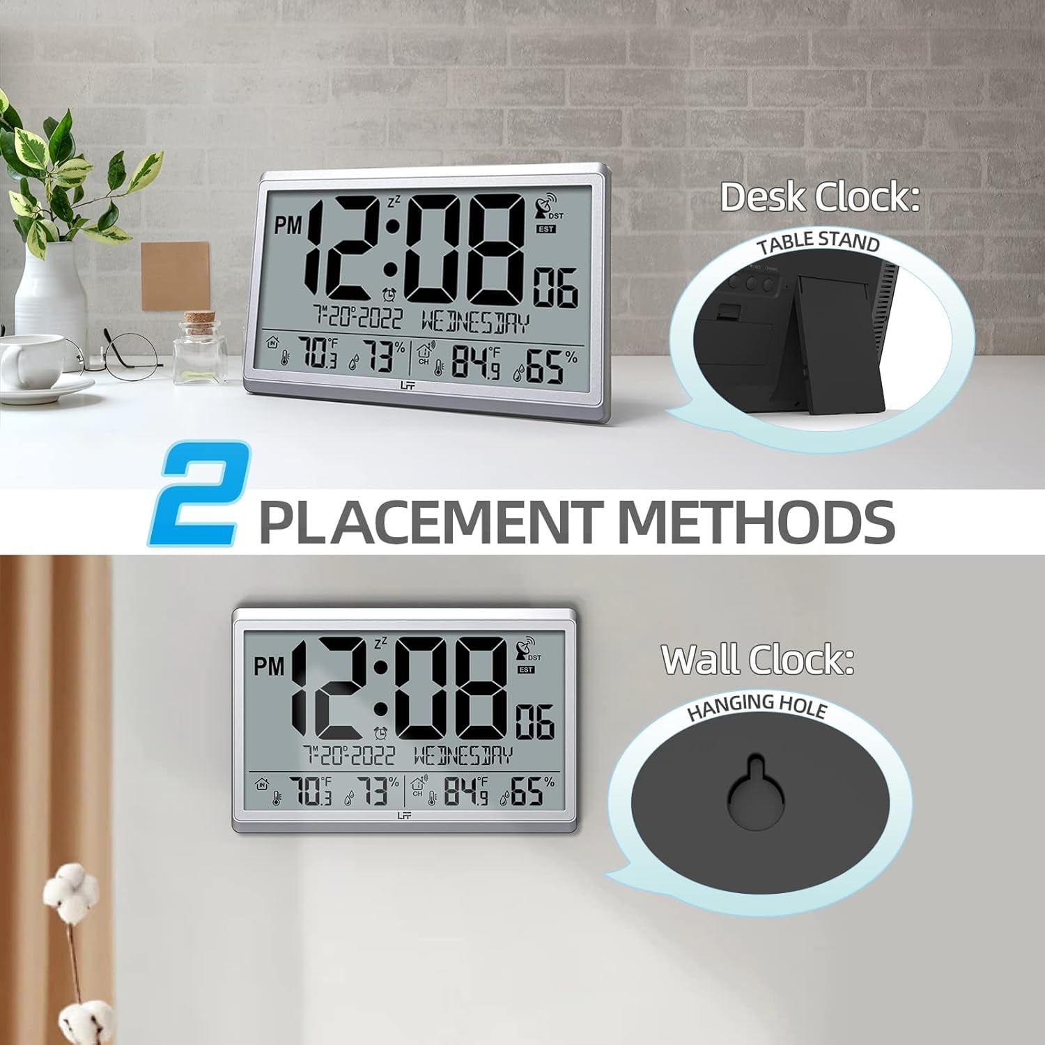 LFF Atomic Clock - Never Needs Setting, Battery Operated, 15" Atomic Wall Clock with Indoor Outdoor Temperature & Humidity, Digital Wall Clock with 4.5" Numbers Easy-to-Read, Silver