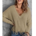 thumbnail image 2 of Women V Neck Long Sleeve Knit Sweater Fashionable Autumn Winter Off Shoulder Women Casual Loose Pullover Sweater Khaki XXL, 2 of 6