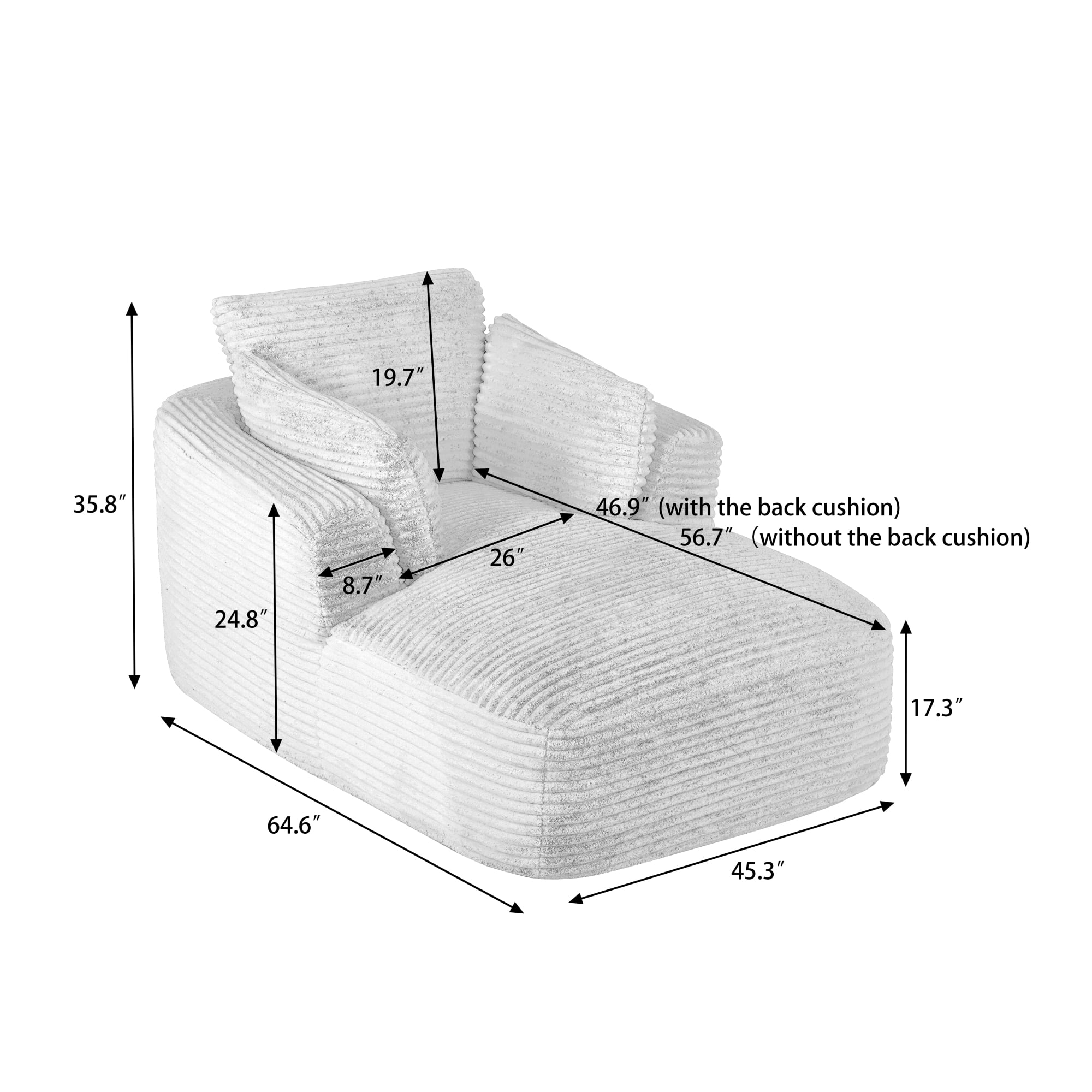 Jopath Oversized Chaise Lounge Chair, Corduroy Upholstered Modern Sofa Couch,Comfy Sleeper Sofa for Living Room Dorm Apartment No Assembly Required Dark Grey