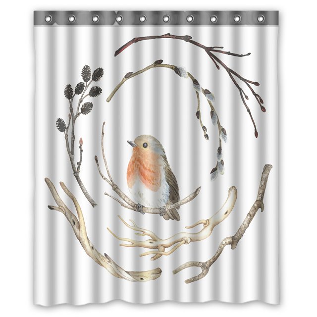 Cortina de Ducha ABPHQTO Acuarela Ramas Pájaro Robin Poliéster Impermeable 150x180 cm