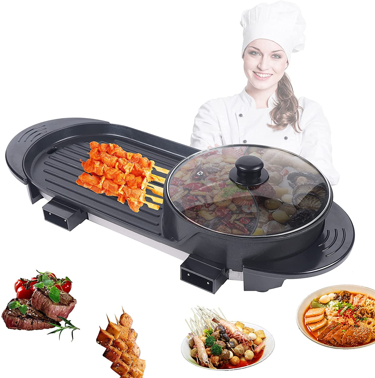 Portable Electric Grill 2 in 1 Electric Smokeless Barbecue Grill & Double Pot Soup Maker with 5 Temperature adjustments for Indoor Outdoor 