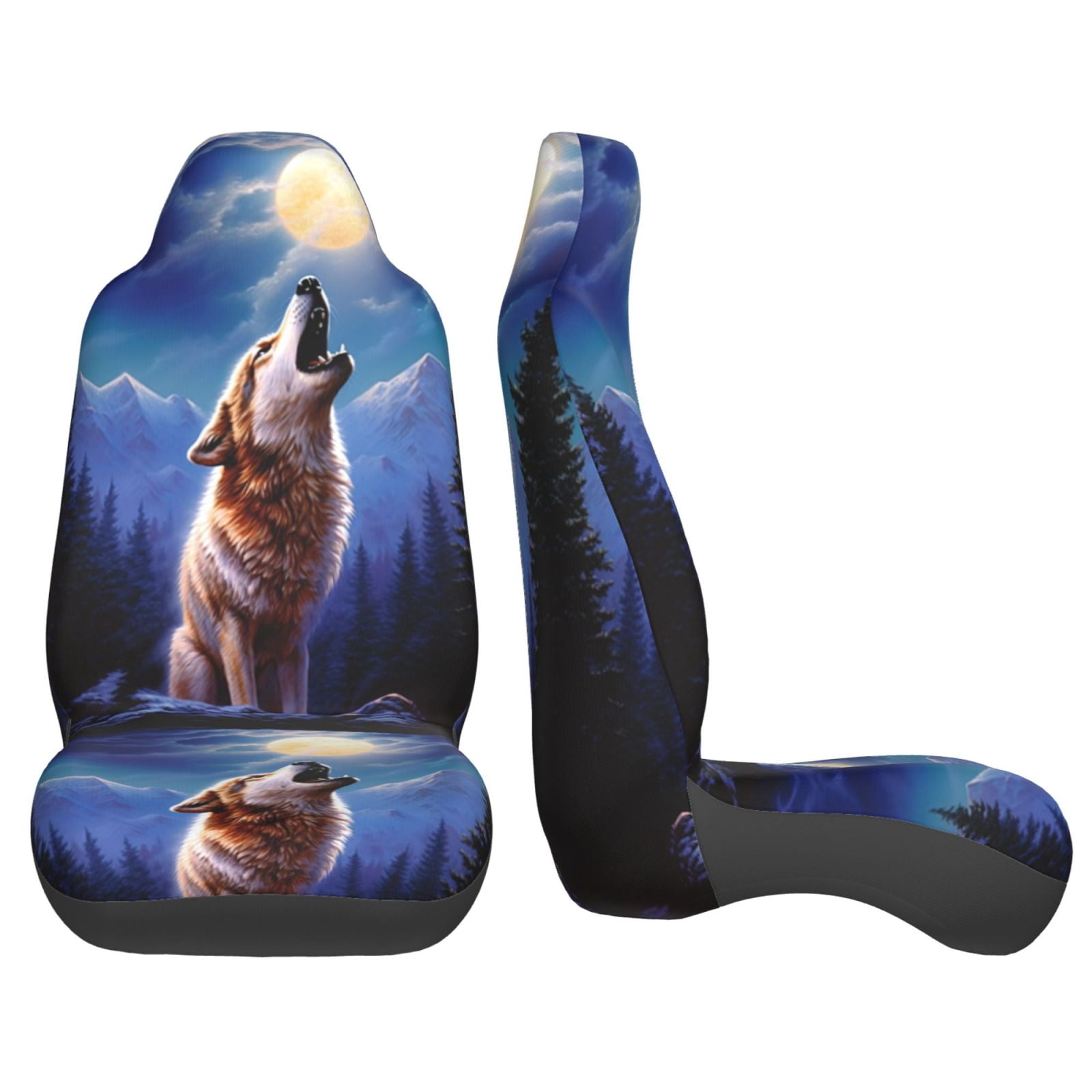 KAKALAD 3d Animal Wolf Moon 03 Car Seat Covers Set Vehicle Front Seats Protector 2 Pcs