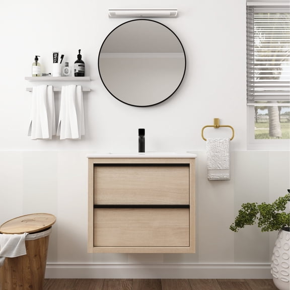 24-inch Wall - Mounted Bathroom Vanity / White Ceramic Basin, Pre - assembled Base / Bathroom Use - Time - saving Installation