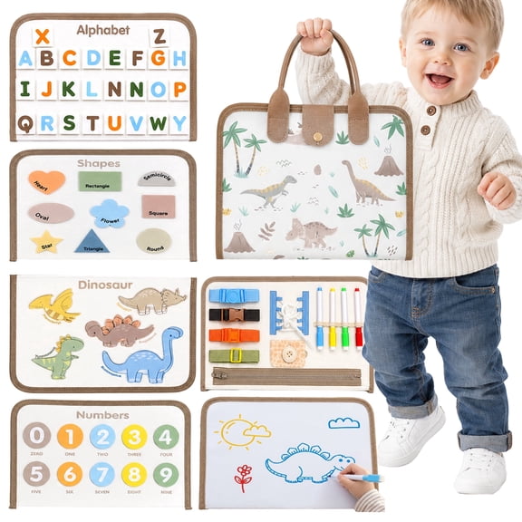 BIGODY Montessori Busy Board, Dinosaur Sensory Busy Book Toddler Toys for Boys Girls, Baby Travel Quiet Activity Board Educational Gifts for 1-3 Years Old