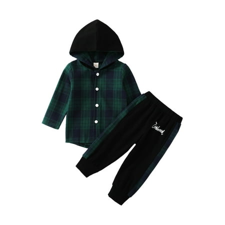 

xingqing Toddler Baby Clothes Boys Girls Plaid Hooded Sweatshirt Long Sleeve Shirt Tops Sweatpants 2Pcs Fall Winter Outfits Set