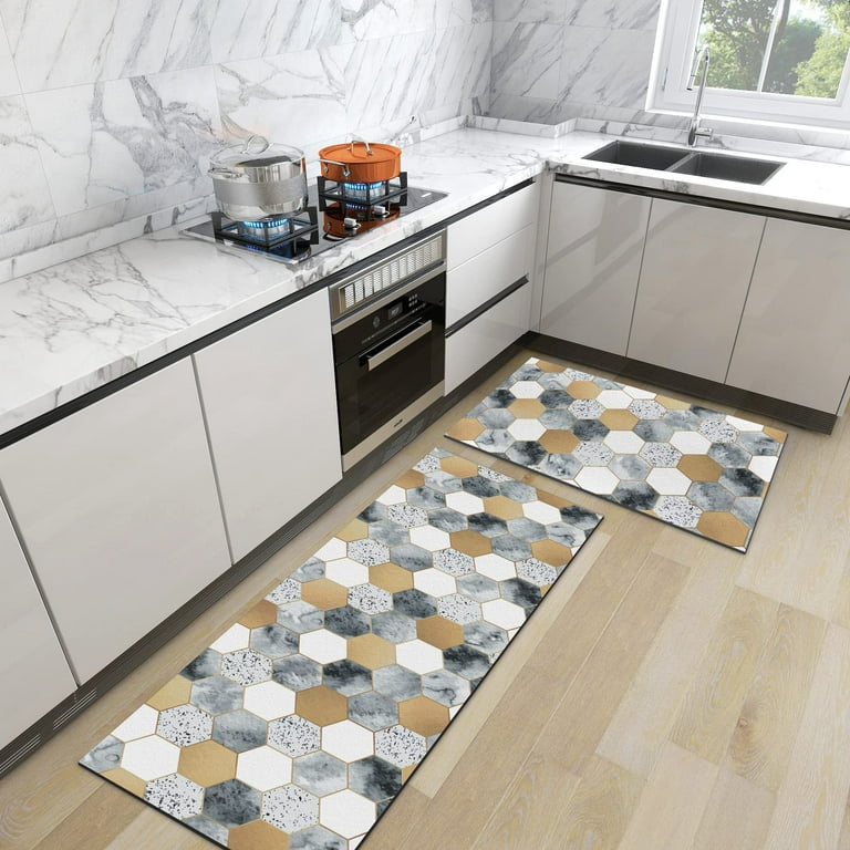 Black and Gold Marble Kitchen Mat Geometric Kitchen Rugs Set of 2 Cushioned  Comfort Floor Waterproof Non-Slip Modern Polygons Runner Decor for Office  Sink Laundry,17.3 x28 + 17.3 x 47 