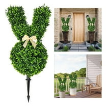 TOPRenddon 2PCS 28" Artificial Bunny Shape Boxwood Topiary with Spike, Easter Faux Rabbit Topiary Trees, Easter Decorative Fake Bunny Shape Boxwood Topiary Trees for Easter Patio Porch Decor