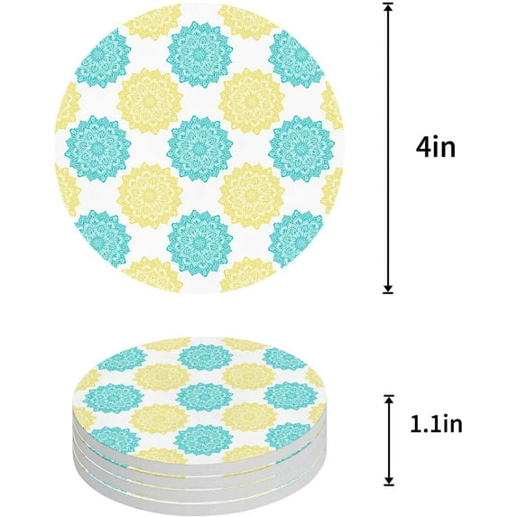 FMSHPON Mandala Pattern Aqua and Yellow Texture Set of 6 Round Coaster for Drinks, Absorbent Ceramic Stone Coasters Cup Mat with Cork Base for Home Kitchen Room Coffee Table Bar Decor