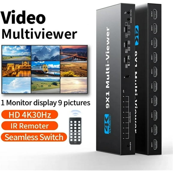 HDMI Multiviewer Switch 9X1, AUBEAMTO HDMI Quad Multi-Viewer Seamless Switcher 9 in 1 Out with IR Remote, Support 4K 30Hz, 10 Display Modes for Security Camera, Monitor, Gaming Consoles