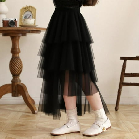 Girls Layered Tulles Skirts Elegant Elastic High Waisted Flowy High Low Kids Cute A-Line Maxi Mesh Skirt Black 9-10Y