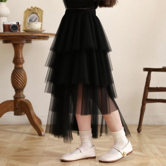 qelini Girls Tulle Skirt Mesh Maxi Skirt Elastic High Waist Tiered Skirt Solid Color Skirt for Ages 3-14